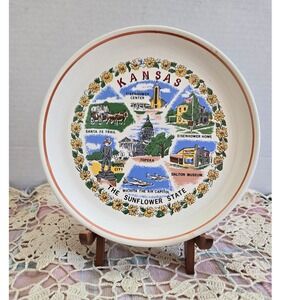 Kansas Souvenir Plate The Sunflower State White Vintage Landmarks
